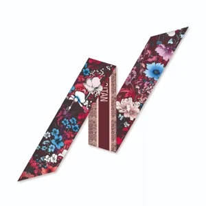 Floral print twilly scarf detail, vintage silk ribbon for handbag decoration and styling.