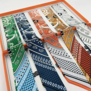 Multicolor printed silk twilly scarf narrow ribbon neckerchief for women bag handle accessory