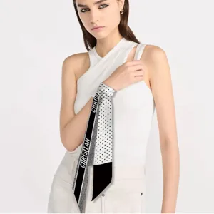 Polka dot hair scarf ribbon twilly for bag handle styling, chic black and white long ribbon.