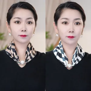 Écharpe en soie mode femme avec grande boucle aimantée en perle foulard élégant.