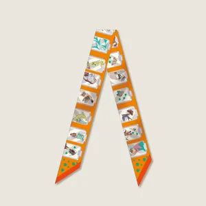 Luxury orange narrow silk scarf twilly ribbon for handbag handle decoration and stylish neck wear.