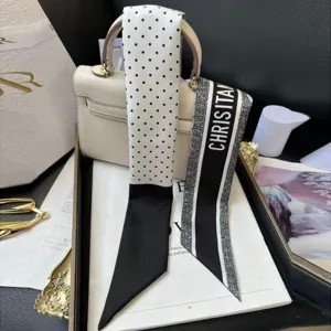 Chic long narrow twilly scarf with polka dots and letter print for handbag handle wrap.
