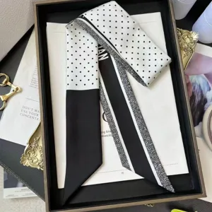 Chic black and white polka dot twilly silk scarf for handbag handle decoration and hair.