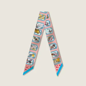 Narrow pink twilly scarf with jar illustrations and blue ends for handbag handle decoration.