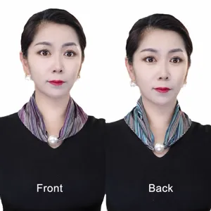 Foulard de cou rayé pour femme avec grande perle fermeture magnétique accessoire de mode
