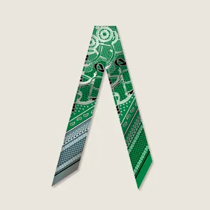 Green silk twilly scarf with elegant equestrian horse harness and paisley print for handbag wrap.