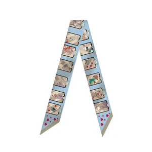 Luxury twilly scarf for handbag handle, blue artistic animal print ribbon silk accessory.
