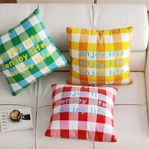 Korean style plaid square throw pillow with enjoy life print for sofa bed car decoration.