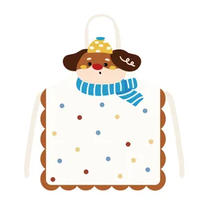 Cute cartoon dog apron detail showing the lovely scalloped edge and colorful polka dot pattern design.