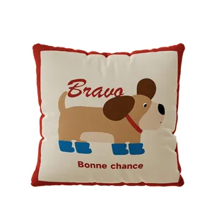Cute cartoon dog square throw pillow with red border, soft fabric cushion for home sofa decor.