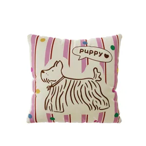 Funda de cojín con tierno perrito, funda de almohada decorativa a rayas rosas de estilo coreano.