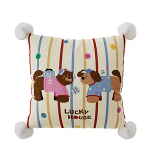 Schattig Dopamine Puppy Print Vierkant Kussen met Pompons voor Woonkamer Sofa Decoratie