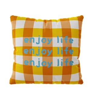 Korean style plaid throw pillow cover, yellow and orange checkered cushion for sofa and bed.