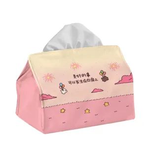 Cute pink fabric tissue box cover detail, soft gradient aesthetic table decor organizer.
