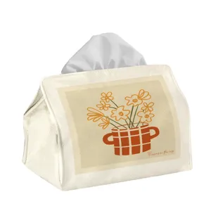 Ins style floral fabric tissue box detail view, cream color desktop tissue holder for home car.