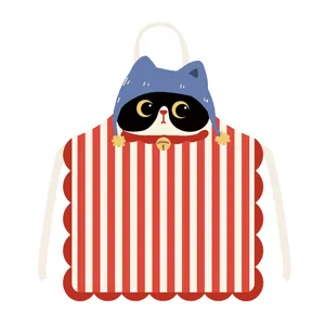 Joli tablier en forme de chat mignon à rayures rouges et blanches, idéal pour la cuisine.