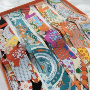 Luxury silk twilly scarf for handbag handle wrapping, long narrow decorative hair ribbon.