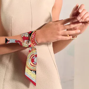 Narrow silk scarf ribbon for handbag handle or wrist decoration, elegant vintage pattern.