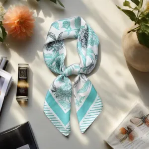 Elegant floral silk scarf for women, stylish green and white neckerchief for chic outfits.