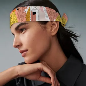 Silk hair scarf headband vintage architectural print luxury style bag ribbon accessory