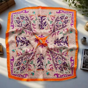 Close-up detail of a retro paisley square silk scarf, featuring vibrant orange and purple patterns.