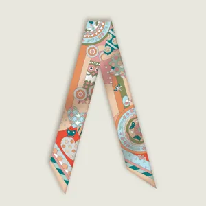 Narrow silk twilly scarf with colorful jungle animal prints for handbag handle decoration.