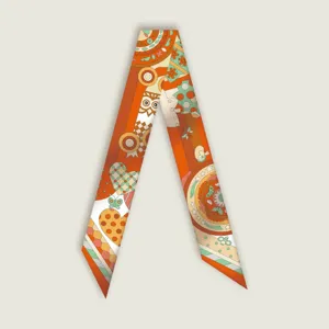 Narrow silk twilly scarf for handbag handle, retro jungle print long ribbon hair band.