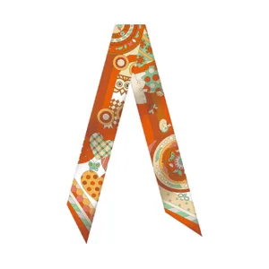 Narrow twilly silk scarf for handbag handle wrap, elegant long ribbon hair band accessory.