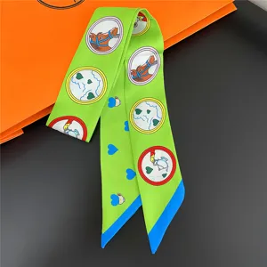 Green silk twilly scarf with cute horse print, premium twill satin hair band for women.