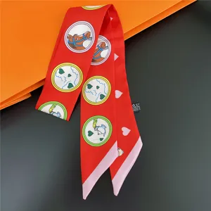 Red twill silk skinny scarf with cute equestrian and heart prints, stylish hair band.