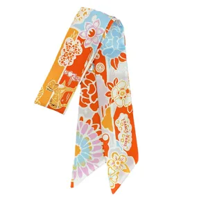 Women Silk Twilly Scarf Elegant Floral Print Long Hair Band Neck Scarf Accessories