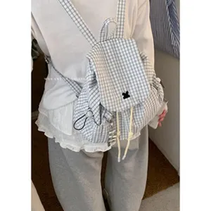 Mochila a cuadros azul y blanco para mujer, bolso escolar de tela casual con cordón.