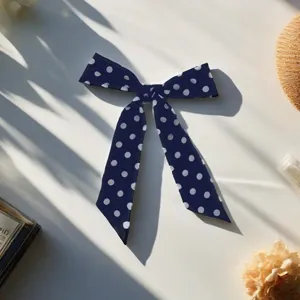 Retro navy polka dot silk scarf hair ribbon bag charm versatile neck accessory spring style