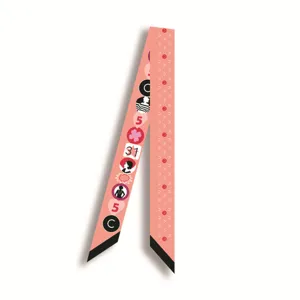 Chic long foulard en soie étroite rose twilly avec des motifs classiques pour sacs et cou