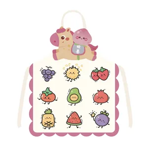 Cute cartoon pony kitchen apron detail showing adorable fruit patterns and hanging neck design.