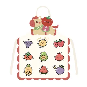 Cute cartoon pony and fruit print kitchen apron detail, comfortable fabric, perfect for cooking.