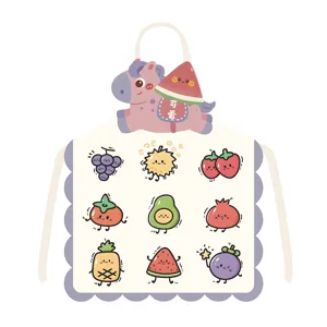 Cute cartoon pony fruit print kitchen apron detail, anti-fouling linen fabric cooking bib.