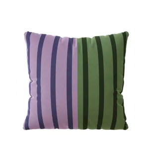 Funda de cojin a rayas retro, diseno de bloques morado y verde para sofa y cama.