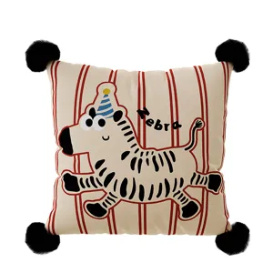 Decorative square throw pillow cover with cute cartoon zebra pattern and corner poms.