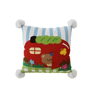 Korean style cute cartoon dopamine square throw pillow cover with four fluffy pom-poms.
