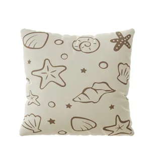 Beige coastal throw pillow cover with cute seashell and starfish print for sofa living room.