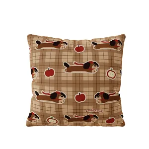 Brown plaid square throw pillow with cute cartoon puppy and apple print for home decor