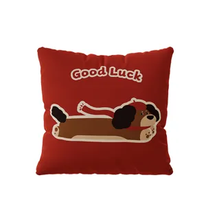 Red cute dachshund plush throw pillow detail view, cozy sofa decorative cushion for living room.