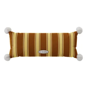 French vintage style long bolster pillow with vertical stripes and cute pom-pom corners.