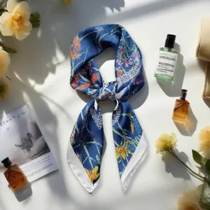 Floral printed blue square silk scarf for women, elegant 70cm neckerchief for spring and summer.