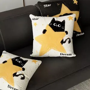 Federa per Cuscino Decorativa Gatto Cane Nero Cartone Animato Carino Motivo Stella Quadrata per Divano Soggiorno Decorazione Camera