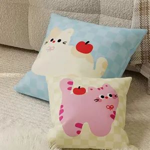 Cute cat print throw pillow detail view, cozy cream style cushion for sofa and bedroom decor.