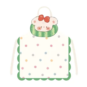 Cute cartoon bear fruit sleeveless apron with polka dots for kitchen cooking and baking use.