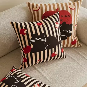 Striped vintage cat decorative cushion cover for living room sofa, cute red apple print pillow.
