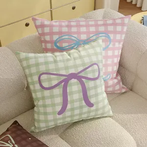 Korean Style Cream Plaid Throw Pillow Cover Cute Bowknot Cushion Case Soft Plush Pillowcase For Living Room Sofa Bed